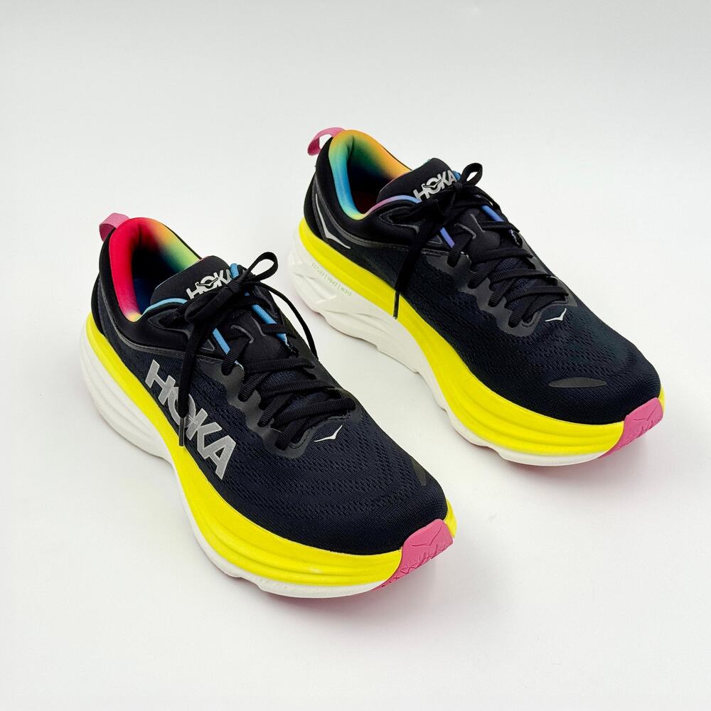 HOKA Bondi 8 Men's 11 Black Citrus Glow Rainbow Max Cushion Shoes 1123202